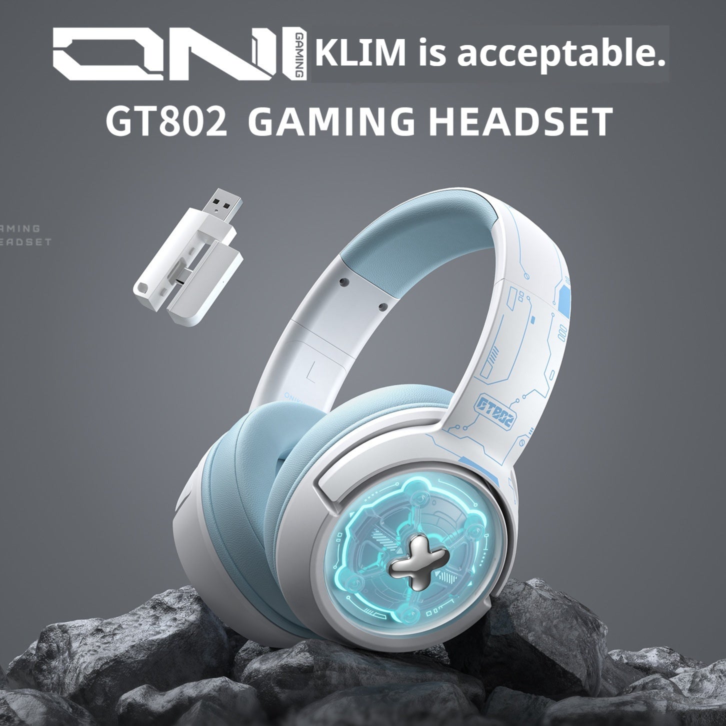 White and light blue over-ear wireless gaming headset with glowing circular earcup accents and a matching USB dongle.