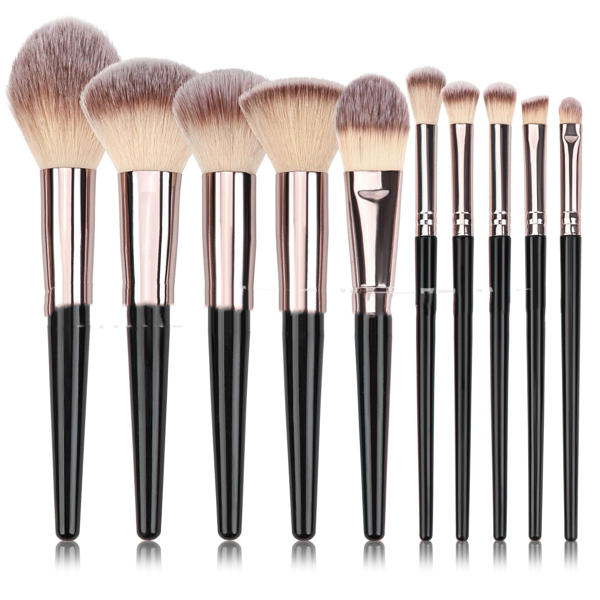 Set of 9 professional makeup brushes with soft, two-tone synthetic bristles, rose gold ferrules, and sleek black handles.