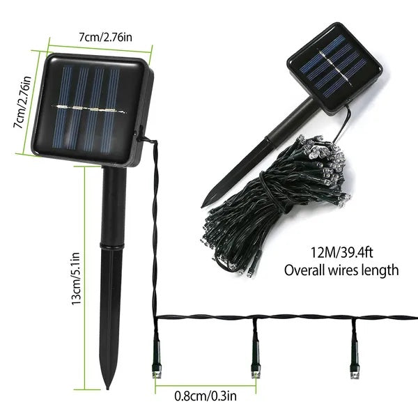 12m solar fairy string lights with black stakes, solar panels, and LED bulbs, labeled with dimensions on white background.