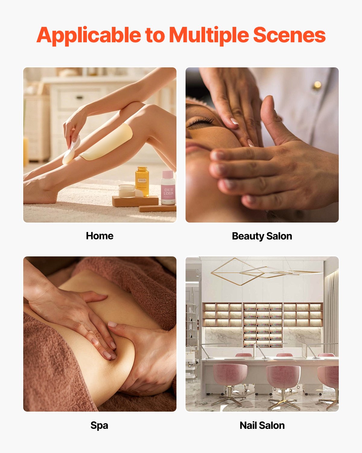 Collage showing wax warmer uses in home, beauty salon, spa, and nail salon settings for hair removal and skin care.