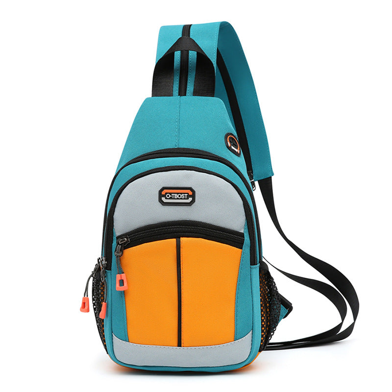 Teal, grey, and orange sporty sling backpack with multiple zippered pockets, mesh side, and O-TBOST brand label.