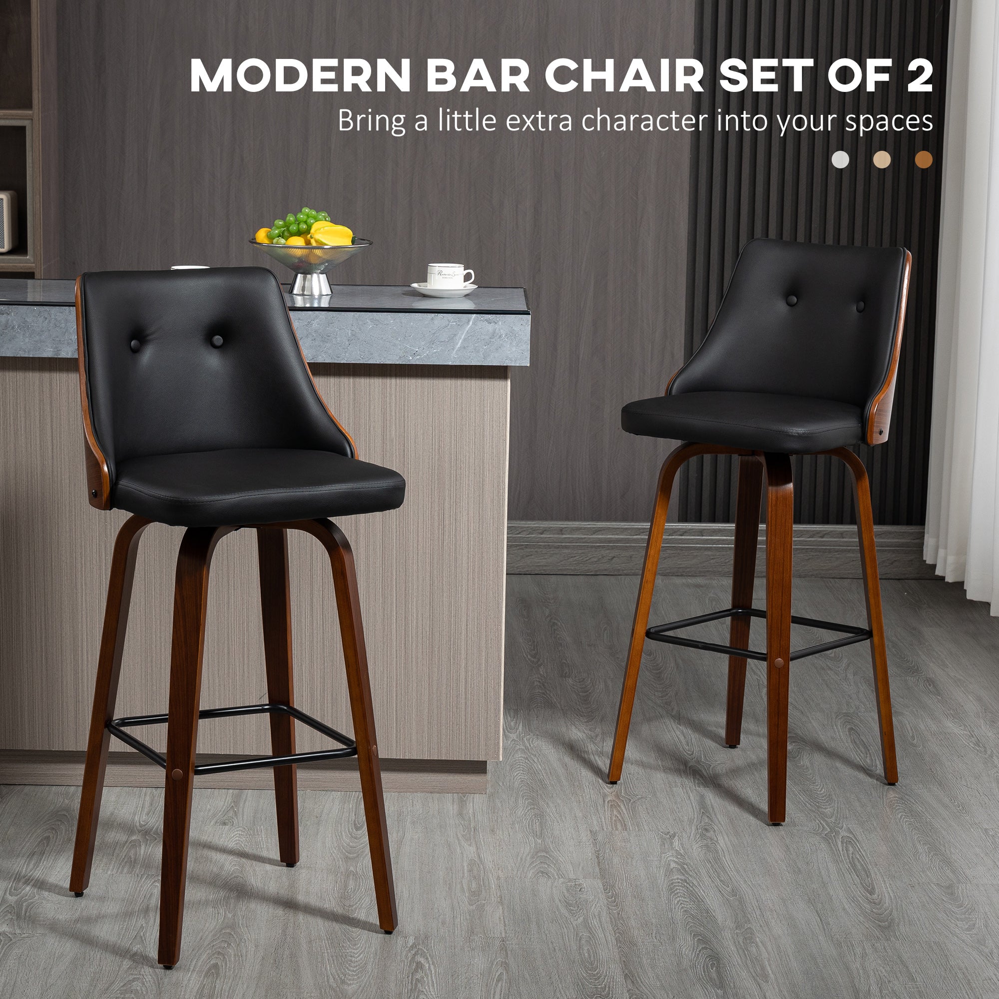 Set of two black faux-leather bar stools with walnut wood curved backs and frames, featuring a swivel seat and footrest.