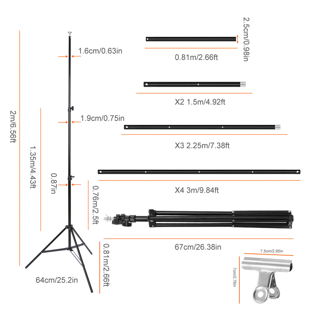 Black metal photography backdrop stand kit with adjustable poles, tripod base, and metal clamps shown with dimensions.