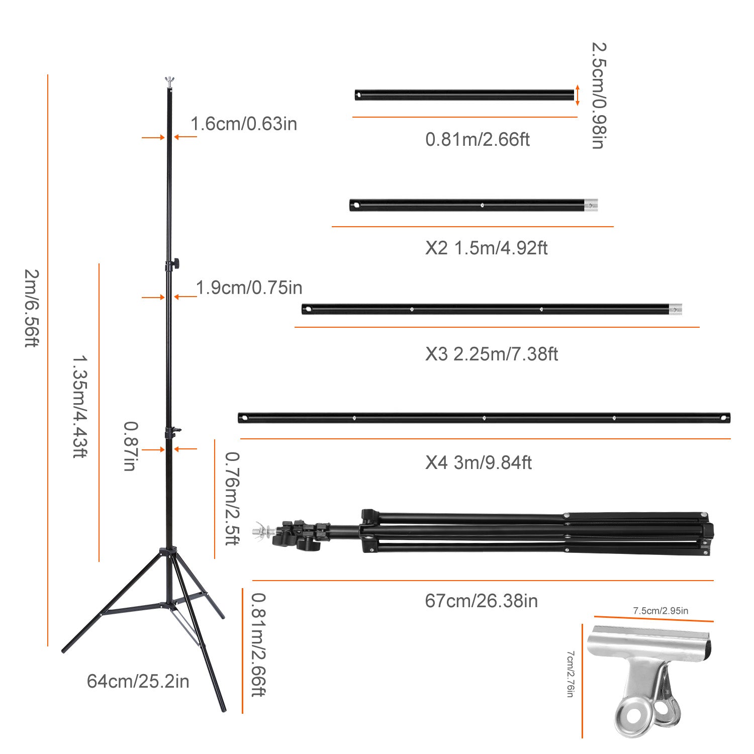 Black metal photography backdrop stand kit with adjustable poles, tripod base, and metal clamps shown with dimensions.