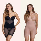 A woman wearing black and beige high-waisted, hip-lifting shapewear shorts that smooth the stomach and thighs.