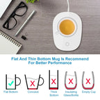 White electric mug warmer on a desk with a tea cup, plus a diagram showing compatible flat-bottom mug types.