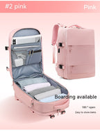 Pink waterproof travel backpack with 180-degree opening, featuring multiple organized interior compartments and straps.