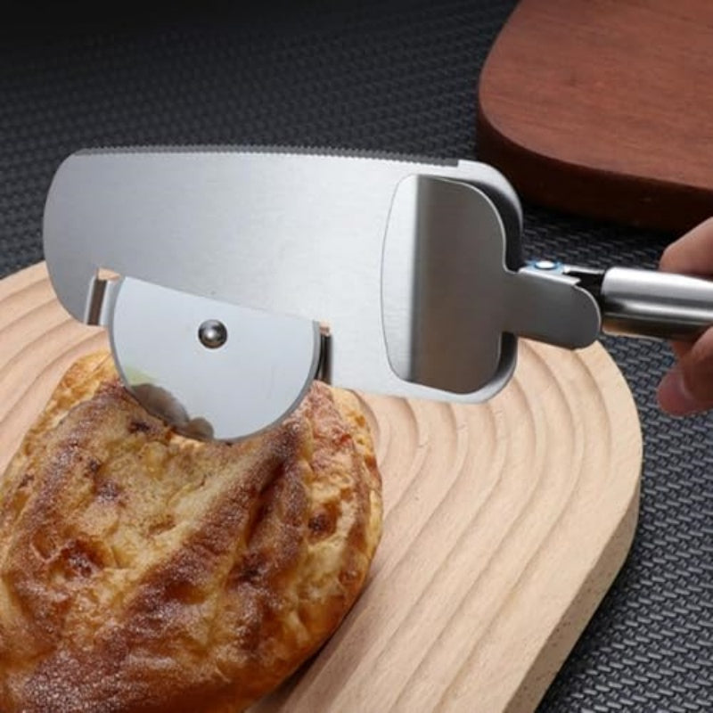 Stainless steel 3-in-1 pizza cutter with a rolling blade and flat spatula, held over bread on a wooden board.