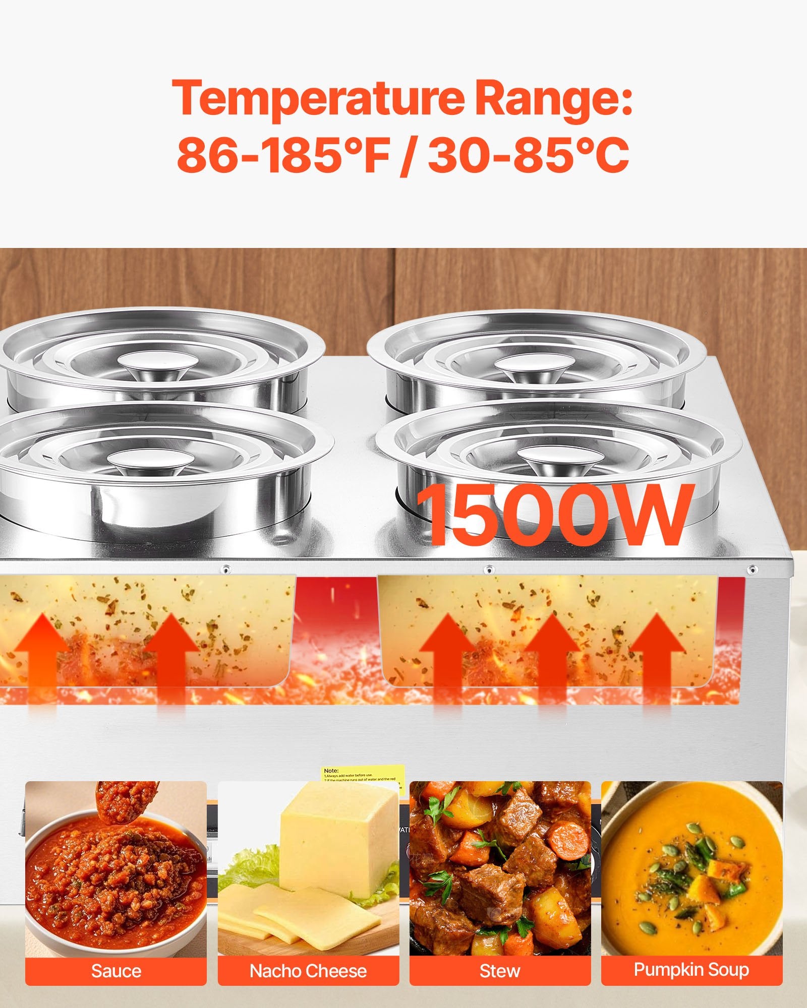 Stainless steel 4-pot commercial soup warmer with temperature display and example food icons (sauce, cheese, stew, soup).