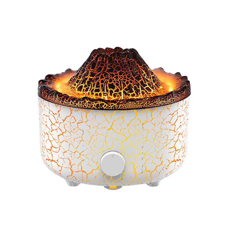 Volcano-shaped aroma diffuser with a cracked white and orange texture, glowing orange flame effect, and a front control.