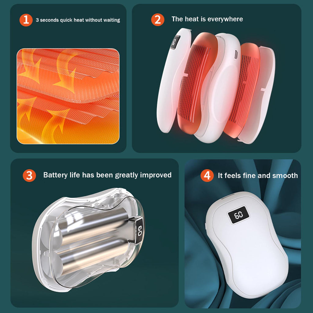 White, smooth electric hand warmer with digital temperature display, showing heating elements and internal batteries.