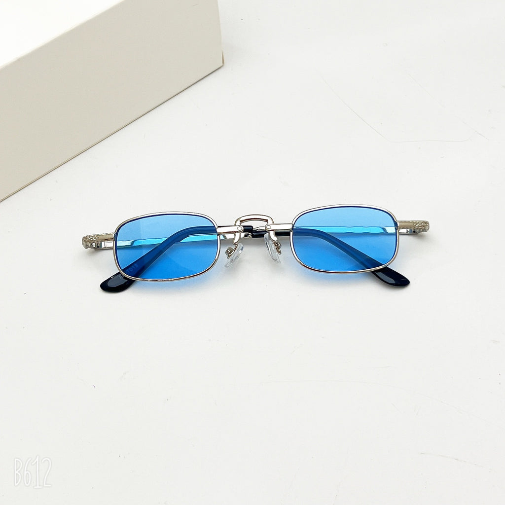 Retro-style thin, rectangular sunglasses with silver metal frames and vibrant blue tinted lenses.