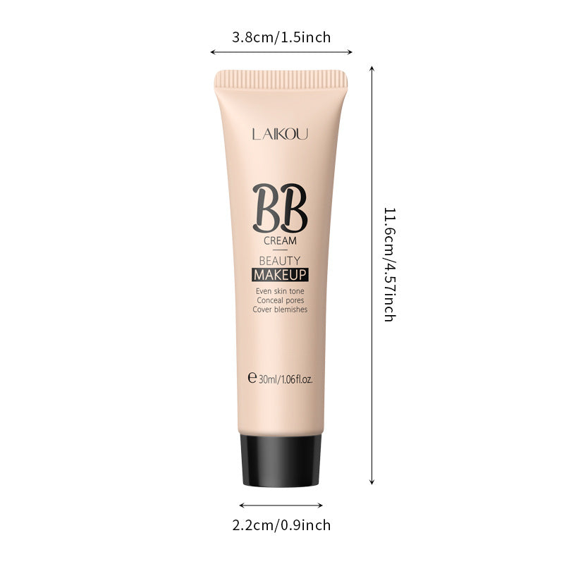 Beige Laikou BB cream tube (30ml) with black cap, showing product dimensions of 11.6cm height and 3.8cm width.