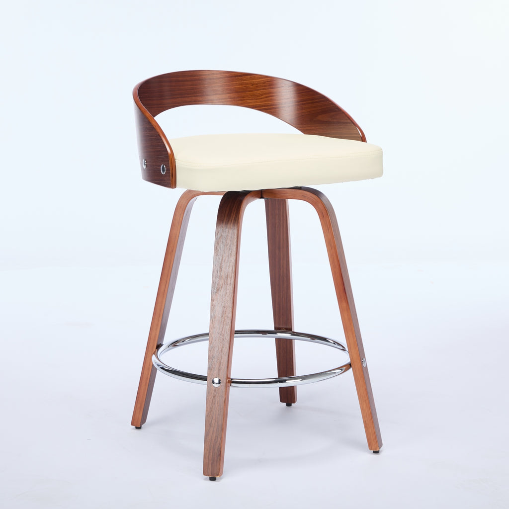 Mid-century swivel bar stool with wood frame, curved low back, and padded beige cushion on a chrome footrest ring.