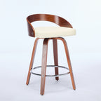 Mid-century swivel bar stool with wood frame, curved low back, and padded beige cushion on a chrome footrest ring.