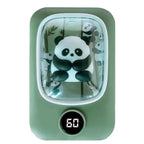 Green rechargeable panda hand warmer with a clear display, featuring a 3D panda figure and digital temperature screen.