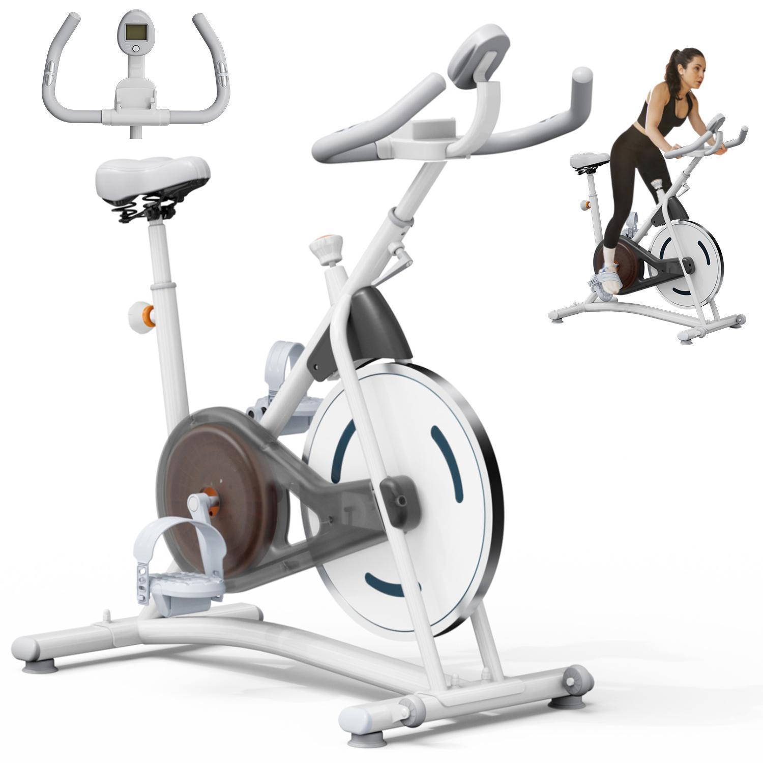 White stationary exercise bike with a brown flywheel, digital monitor, and a woman using it in a background cutout.