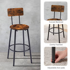 Industrial bar stool with rustic wood grain seat/backrest, black metal frame, footrest, and adjustable feet.