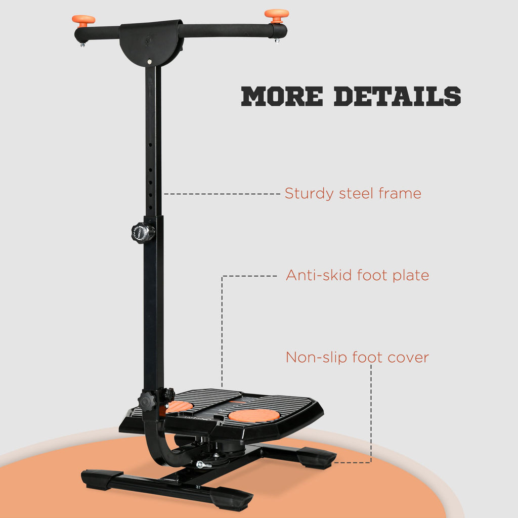 Black steel ab twister machine with orange accents, featuring an adjustable handlebar, foot plates, and workout display.
