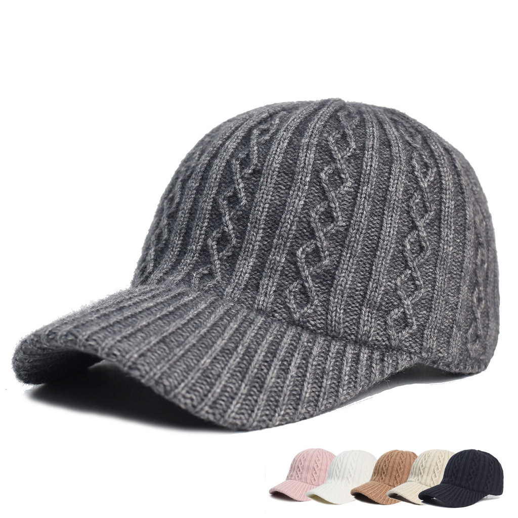 Dark gray knit baseball cap with cable-knit texture and a ribbed brim, shown alongside several other color variations.