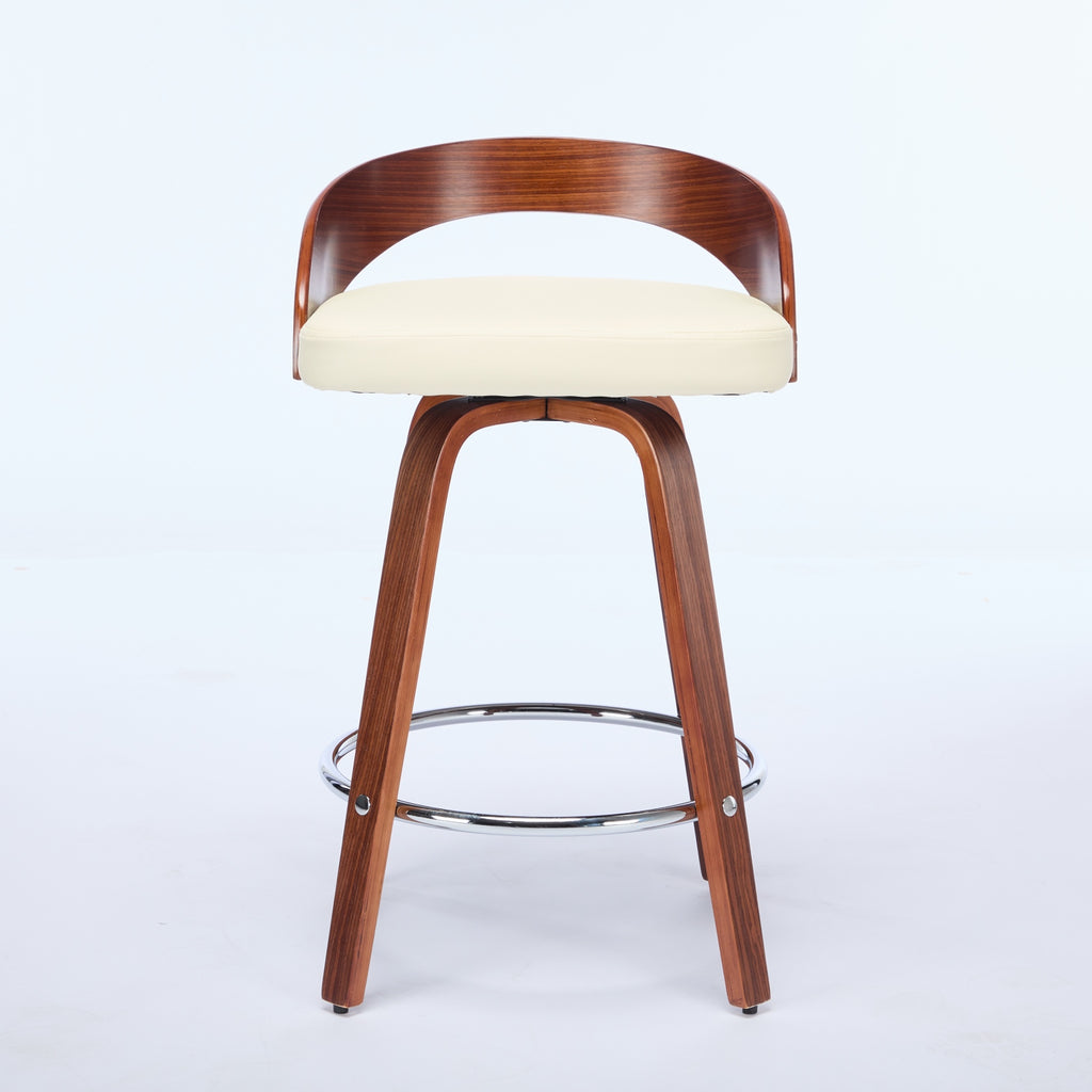 Swivel counter stool with walnut wood frame, beige padded seat, low curved back, and chrome footrest ring.