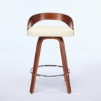 Swivel counter stool with walnut wood frame, beige padded seat, low curved back, and chrome footrest ring.