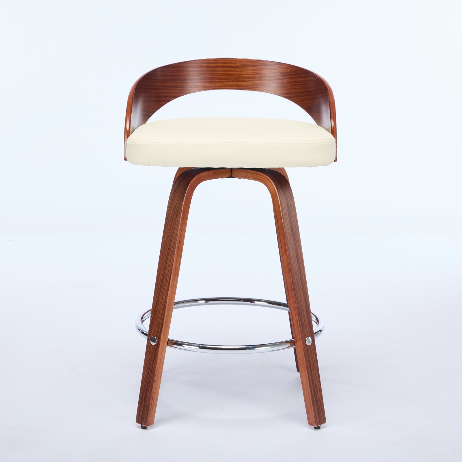 Swivel counter stool with walnut wood frame, beige padded seat, low curved back, and chrome footrest ring.