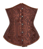 Brown jacquard corset with an intricate floral pattern, featuring a front busk closure with metal clips.