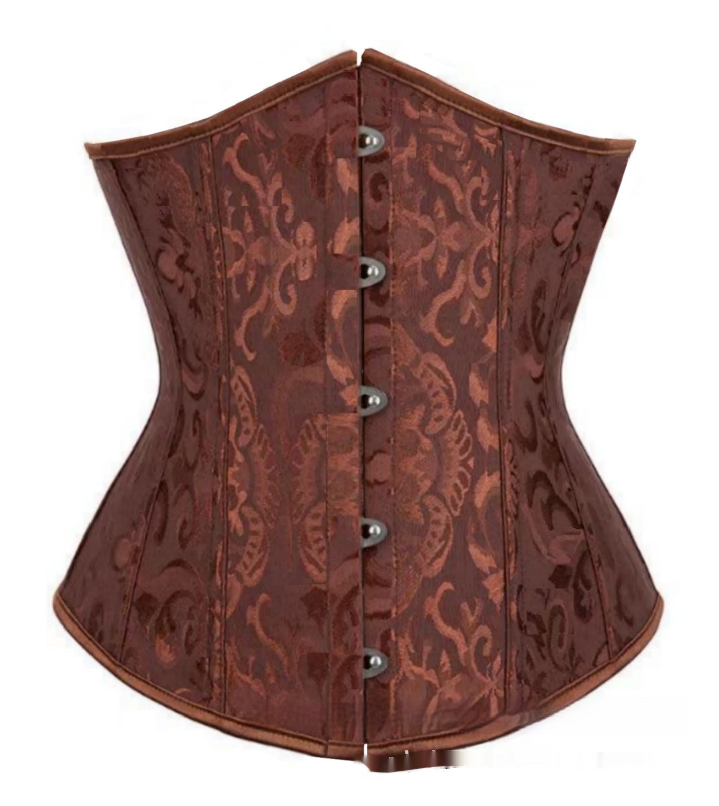 Brown jacquard corset with an intricate floral pattern, featuring a front busk closure with metal clips.