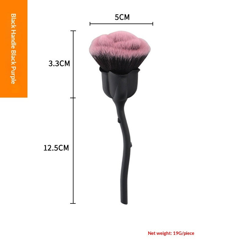 Rose-shaped makeup brush with pink-tipped bristles, black handle, and dimensions labeled in centimeters.