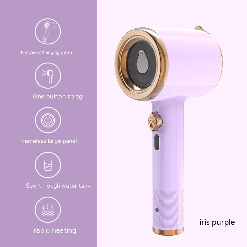 Iris purple and gold handheld garment steamer with features list including spray, large panel, and rapid heating.