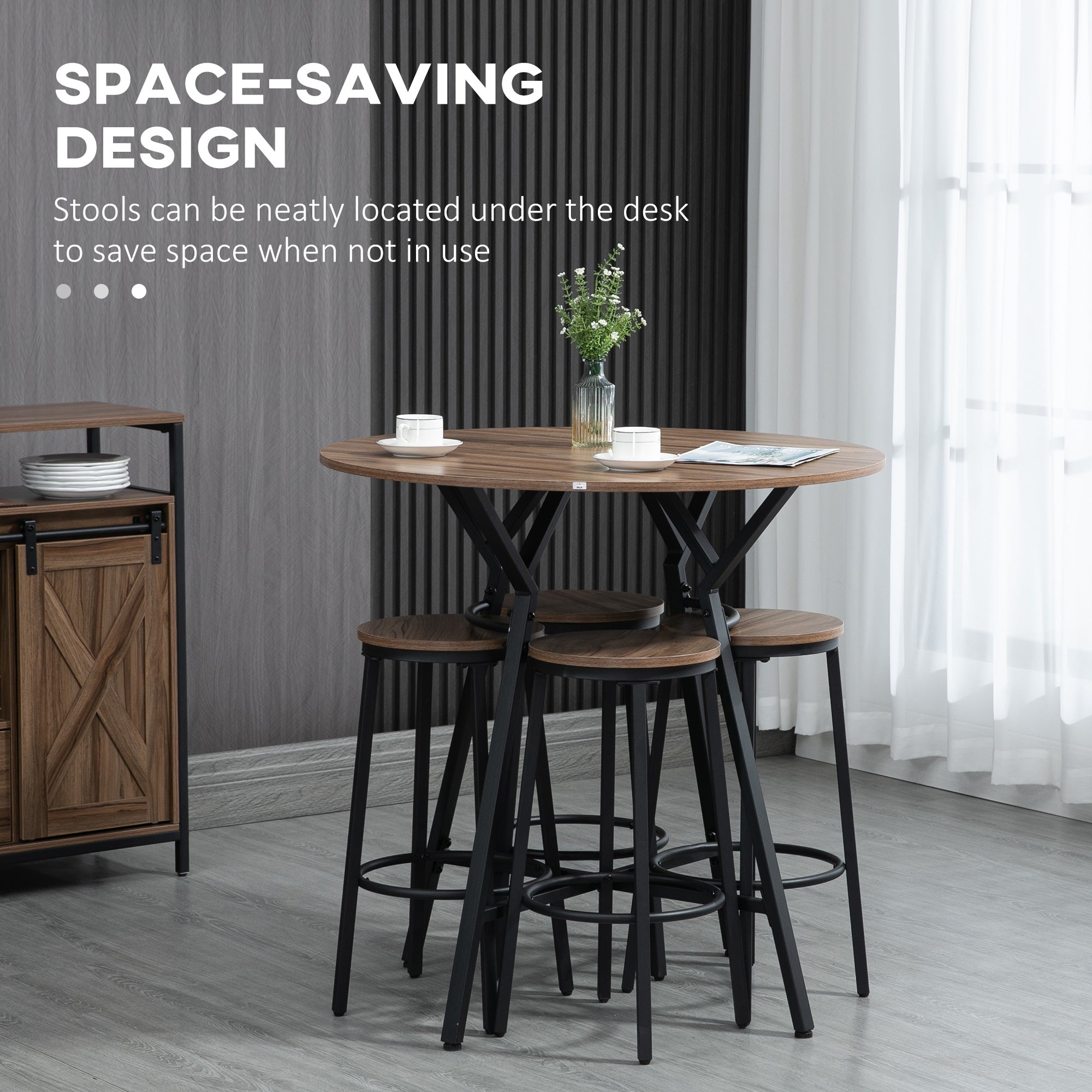 5-piece dining set with a round wood-grain table and four black metal stools that tuck neatly underneath.