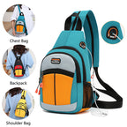 Teal, orange, and gray multifunctional nylon sling backpack with USB port, mesh pocket, and adjustable straps.