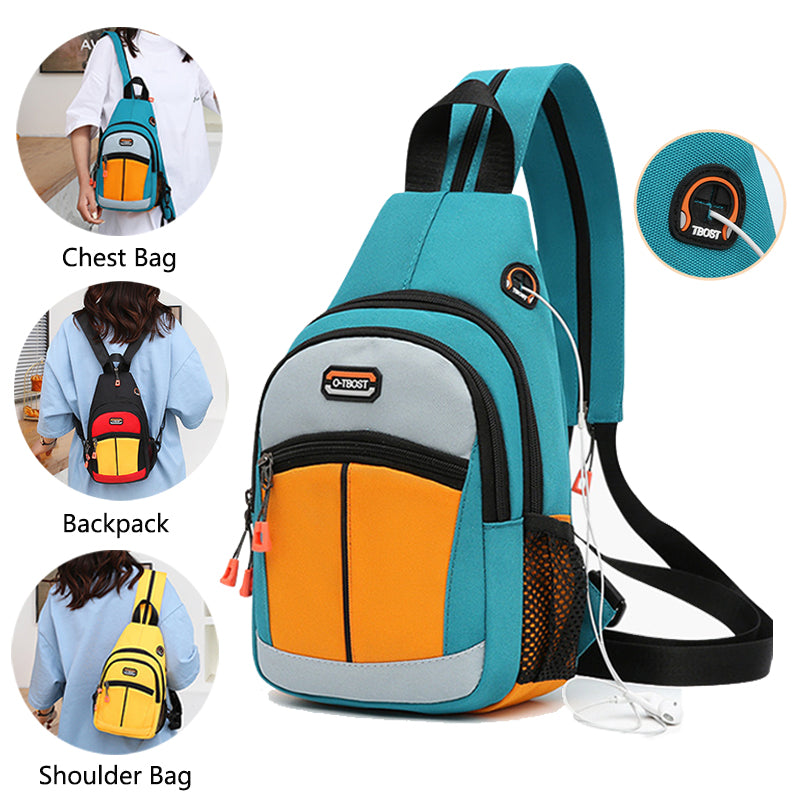 Teal, orange, and gray multifunctional nylon sling backpack with USB port, mesh pocket, and adjustable straps.