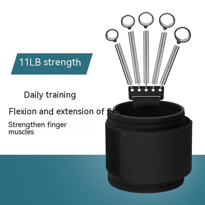 Black finger trainer with 5 metallic spring tension loops, velcro wrist strap, and 11lb strength text overlay.