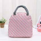 Pink and white diagonal striped insulated lunch bag with gray handles and zipper closure.