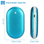 Teal, oval, 5000mAh rechargeable hand warmer/power bank with white trim, side charging port, and dimensions shown.