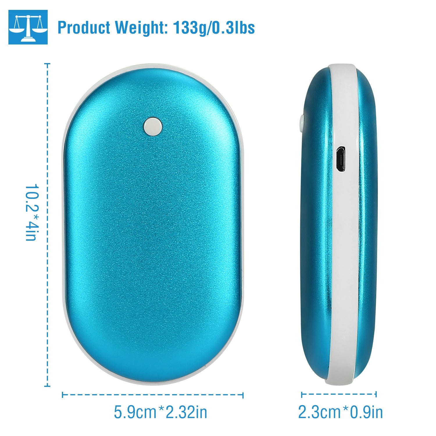 Teal, oval, 5000mAh rechargeable hand warmer/power bank with white trim, side charging port, and dimensions shown.