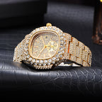 Gold-tone men’s hip-hop watch fully encrusted with shimmering crystals, featuring a quartz dial and date display.