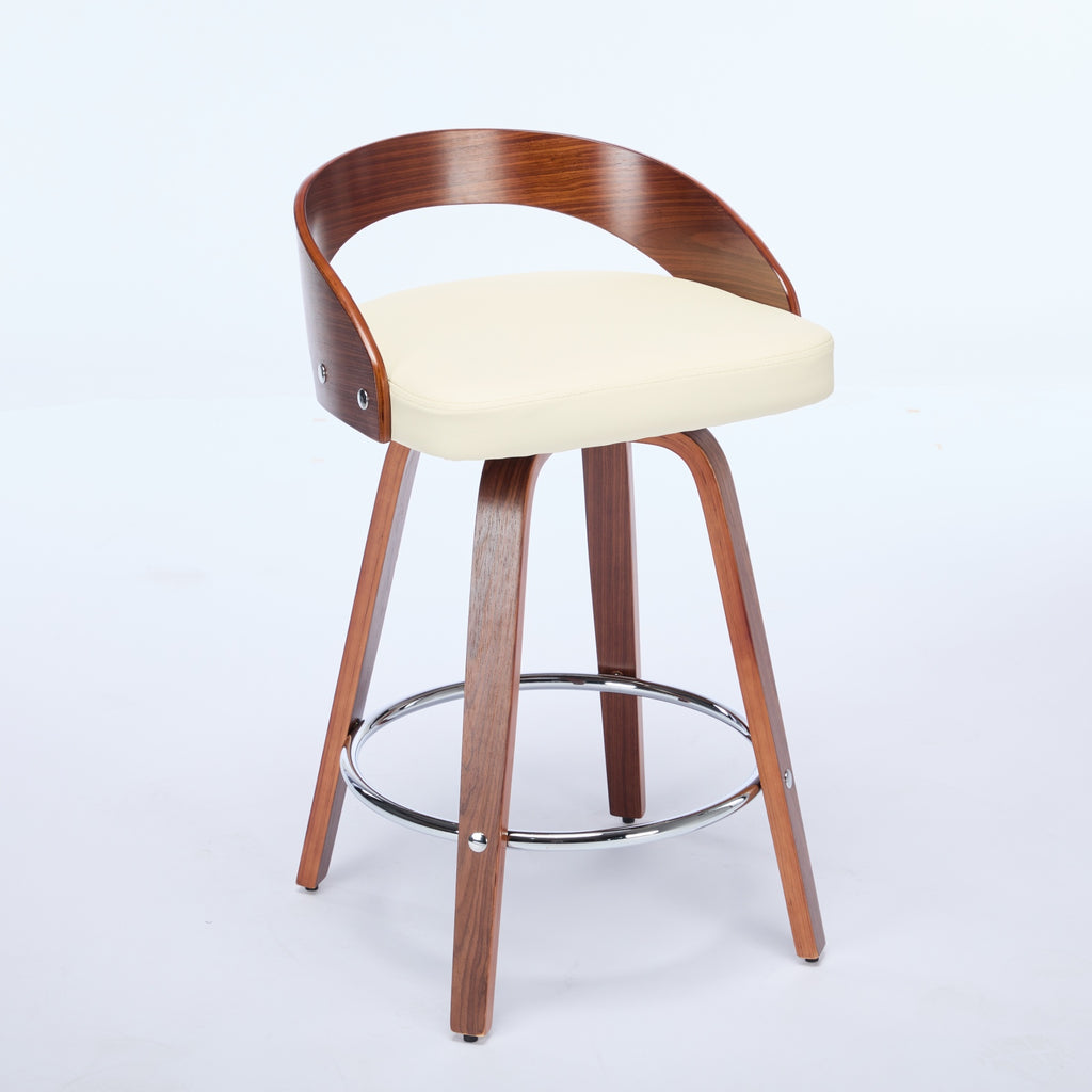Swivel bar stool with a walnut wood frame, curved low back, beige cushioned seat, and a circular chrome footrest.