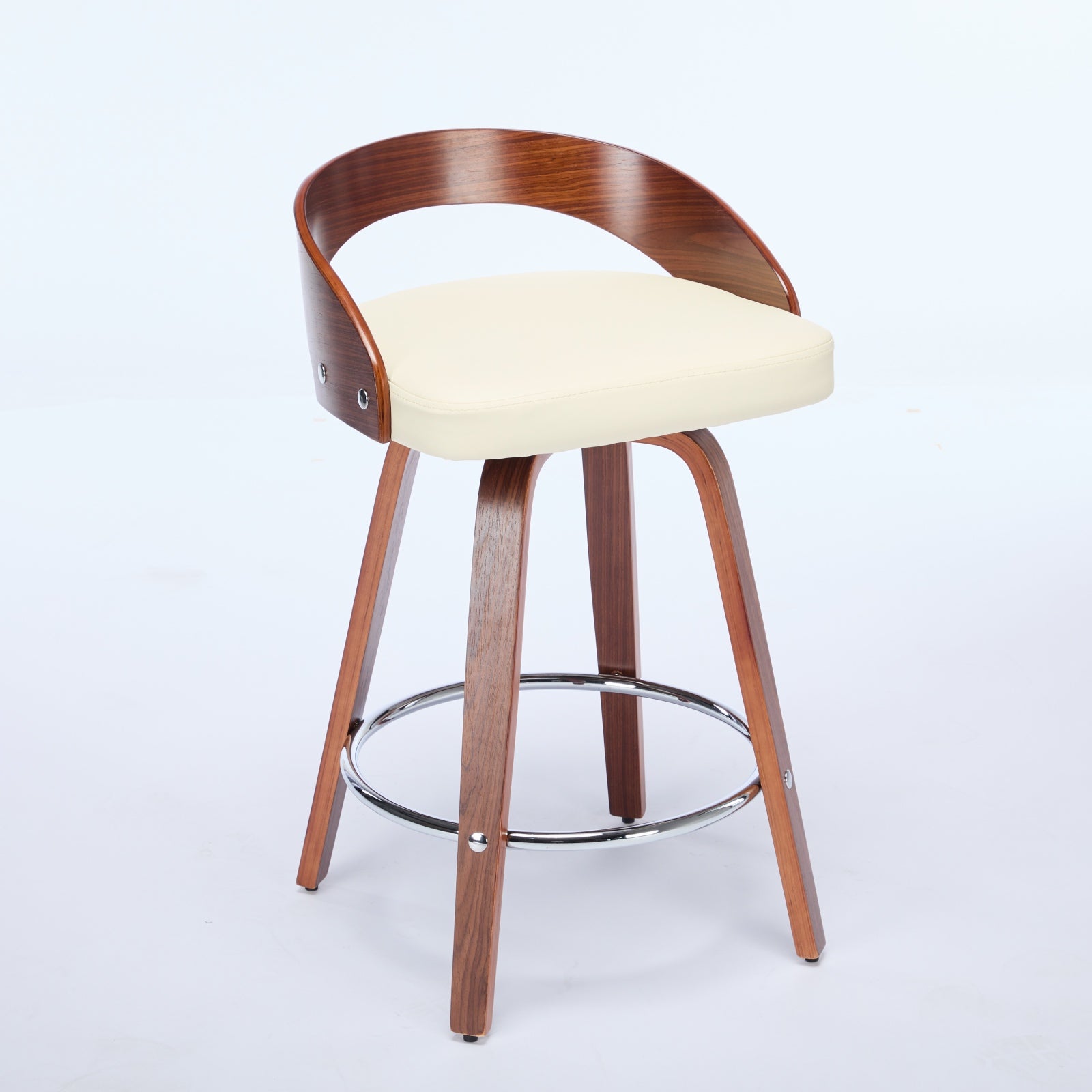Swivel bar stool with a walnut wood frame, curved low back, beige cushioned seat, and a circular chrome footrest.