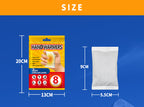 A yellow package of two hand warmers next to a single white, rectangular 9cm by 5.5cm heat pack on a blue background.