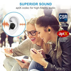 Black in-ear stereo headphones with CSR noise canceling and aptX tech, shown on a person and in a close-up diagram.