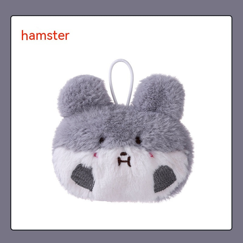 Plush gray and white hamster-shaped hand warmer with embroidered features and a small white hanging loop.