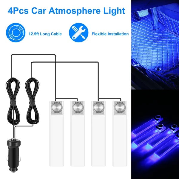 Four blue LED car interior light bars with a 12.5ft power cable, plug-in charger, and flexible installation design.