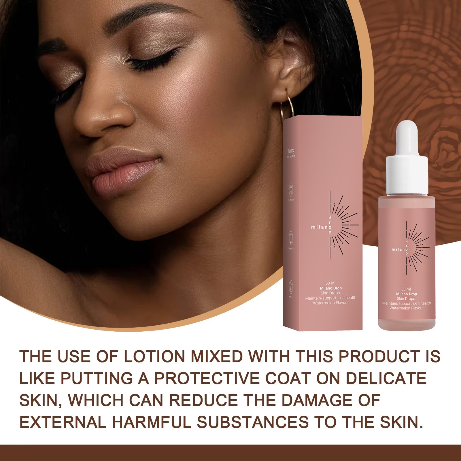 Milano Drop tanning serum bottle and box in dusty rose, shown next to a model with glowing, bronzed skin.