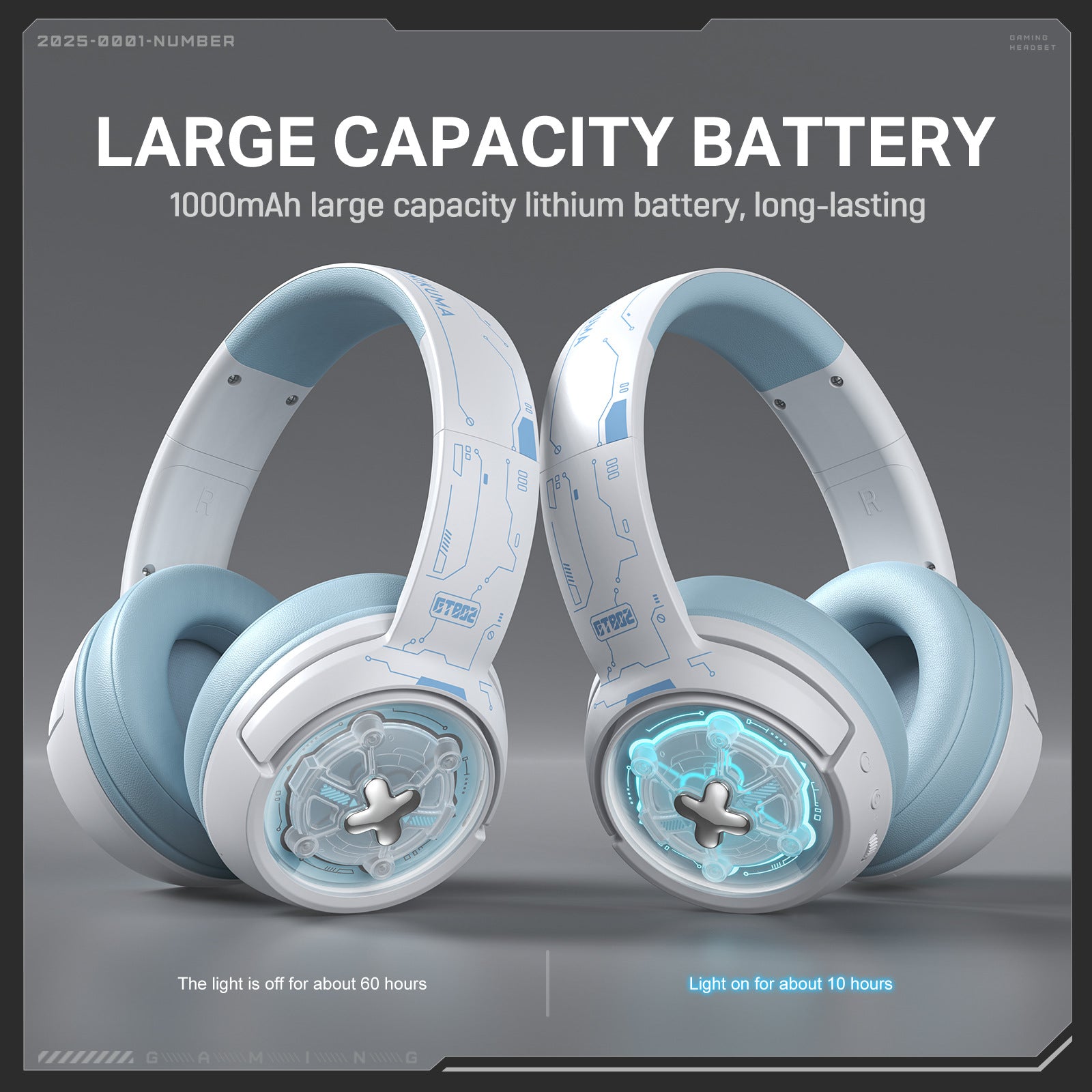 White and light blue over-ear wireless gaming headphones with mechanical-style ear cups and long-lasting battery.