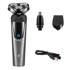 Grey electric rotary shaver with three heads, nose trimmer attachment, blade cover, and USB charging cable.