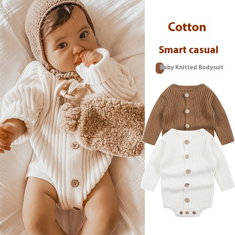 Baby in a white ribbed knitted cotton bodysuit and bonnet. Product options shown in brown and white with button front.