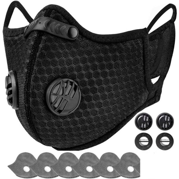 Black reusable half-face sports mask with hexagonal mesh, side air valves, ear loops, and multiple replacement filters.